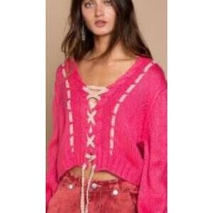 POL Pink Lace-Up Cropped Knit Sweater